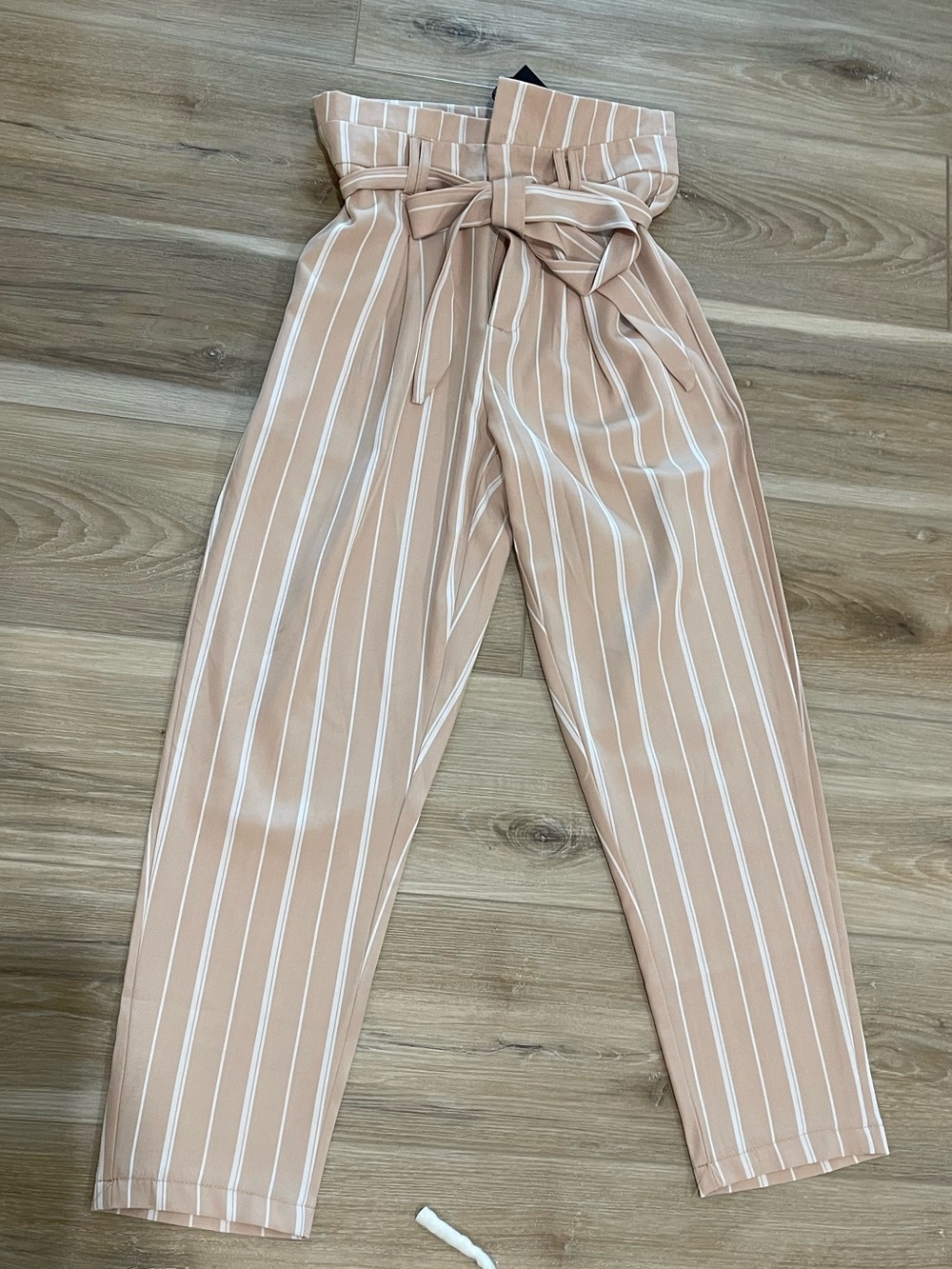 Paperbag Tie-Waist Straight Leg Pants - Beige Stripe